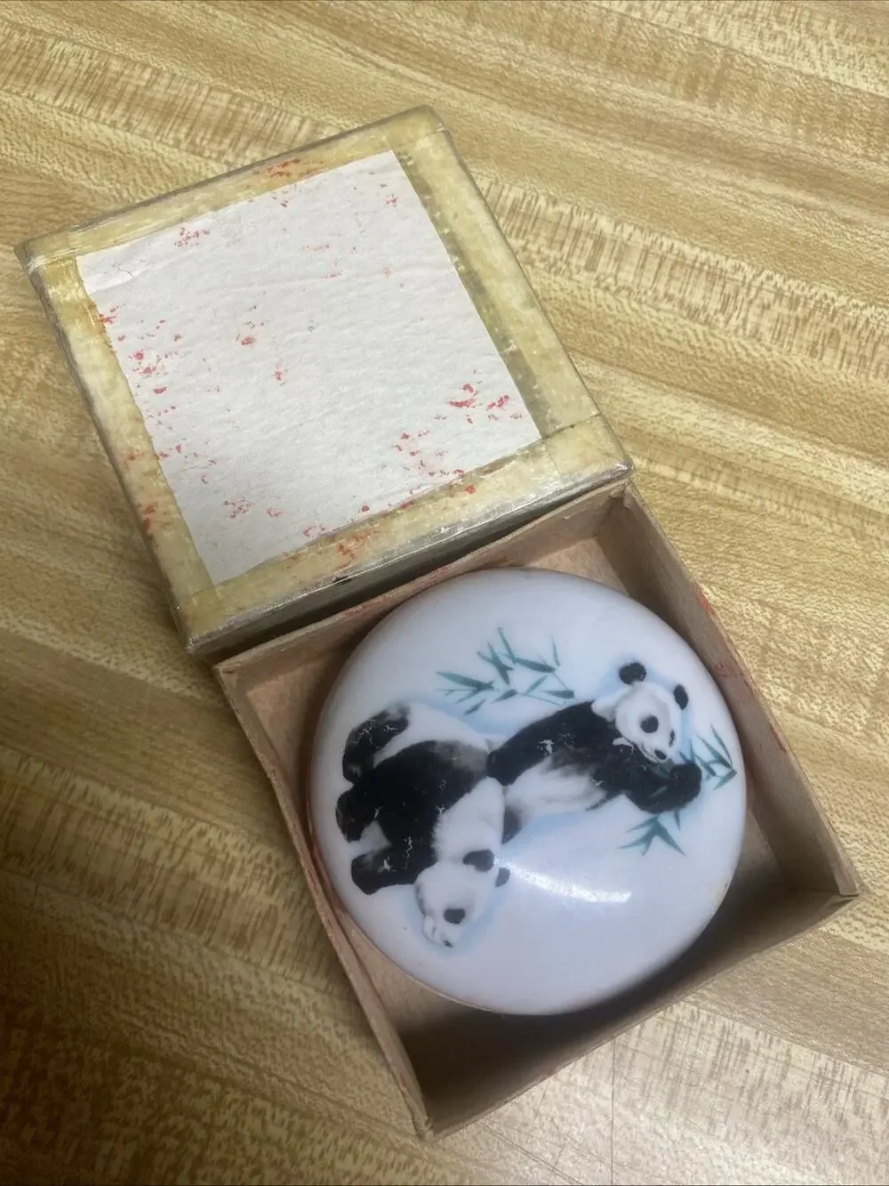 Vintage Hand Painted Japanese Panda Theme Porcelain Cosmetic Vanity Jar